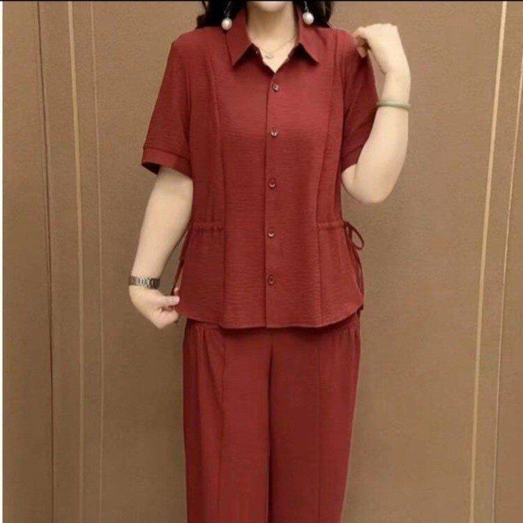 时尚洋气妈妈套装女士2026夏季新款宽松纯色短袖开衫阔腿裤两件套