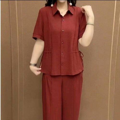 妈妈夏季短袖开衫阔腿裤两件套