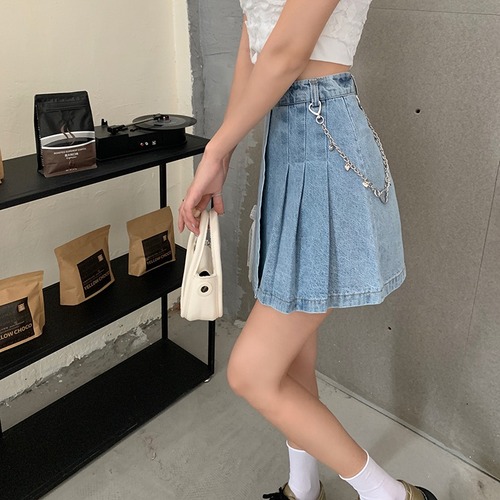 Non real shooting spring and summer pure desire Spice Girl lace bow pleated denim skirt high waist skirt