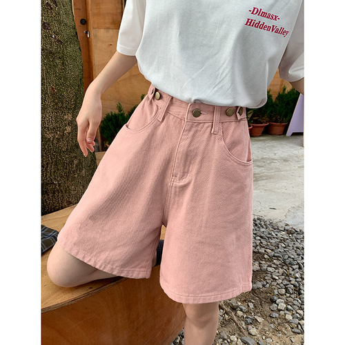 Non real shooting of summer pink denim cropped pants women's high waist thin niche straight shorts fashion