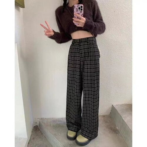 Non real time retro Plaid wide leg pants for female students high waist loose hanging floor mops