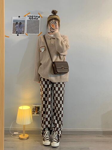 Non real shot spring and autumn coffee color checkerboard light core flannel pants high waist high feeling floor dragging wide leg pants