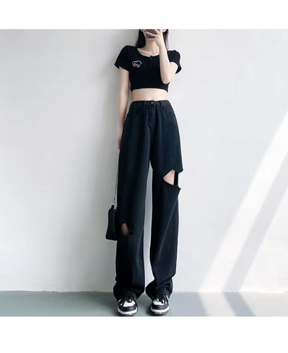 Non real shot spring and autumn black pierced jeans women's loose straight wide leg pants high waist thin pants