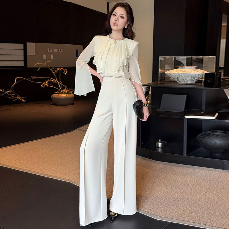 高级感轻熟职业气质绝美两件套荷叶边圆领雪纺衫高腰长裤两件套女