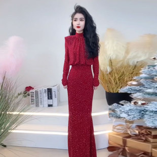晚礼服新款高级长款气质高端显瘦连衣裙修身名媛宴会红色长裙女