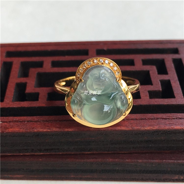 简安翡翠定制18k金镶冰种飘绿小佛公翡翠戒指小巧精致饱满冰透
