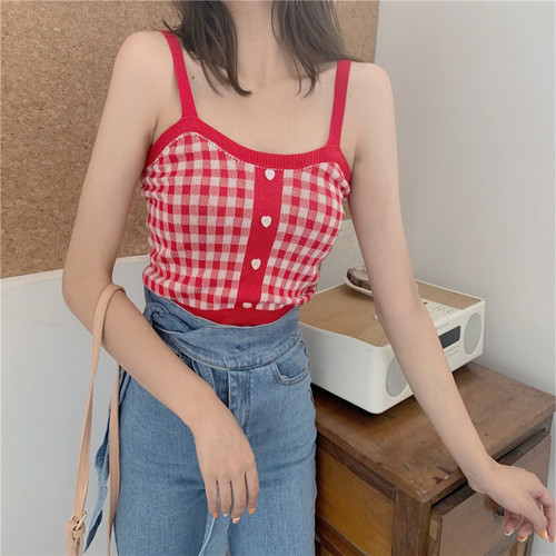 New Plaid suspender vest women's interior with elegant style short open navel knitted bottomed shirt