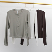 纽扣开口亨利圆领细罗纹软糯高弹瑜伽休闲打底修身 上衣 普拉提长袖