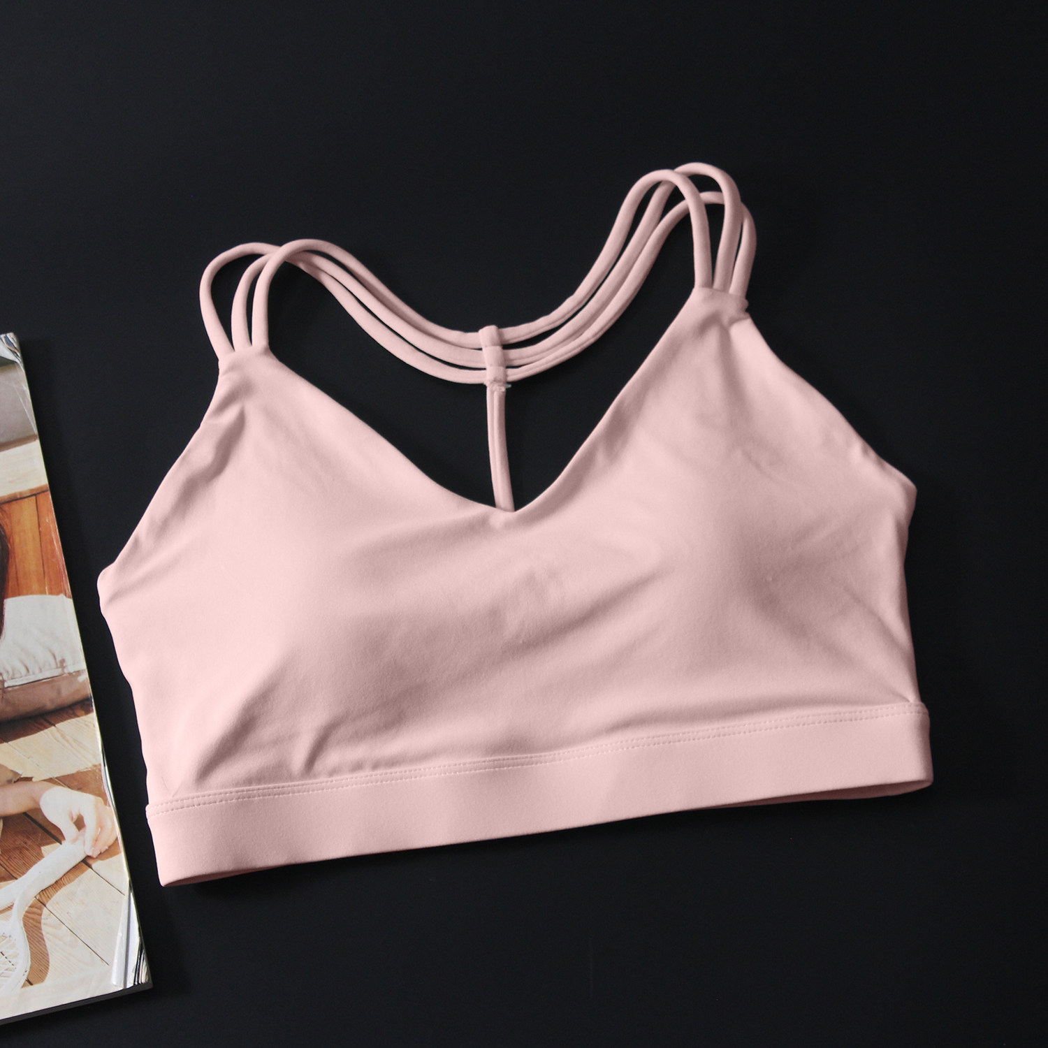 超漂亮！法式复古运动内衣T字细带美背瑜伽服一体杯女士健身文胸3