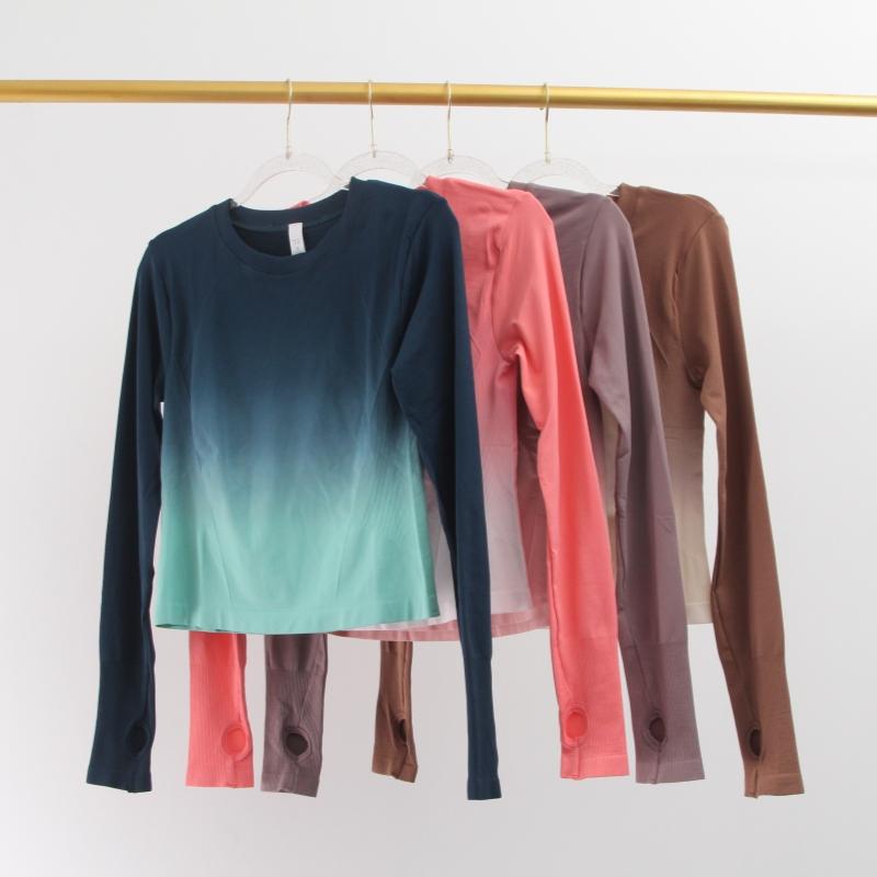 新颜色渐变运动长袖女修身透气网红显瘦跑步紧身速干瑜伽健身上衣