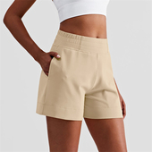 时尚 欧美休闲裤 外穿 女弹力百搭瑜伽裤 品质高腰裸感带口袋运动短裤