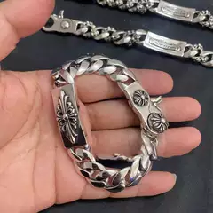 S925 Silver Lobster Clasp Men's Bracelet, Heavy-Duty Thick Bar, Bold Crusader Flower Bracelet, Trendy Rock Punk European and American Style