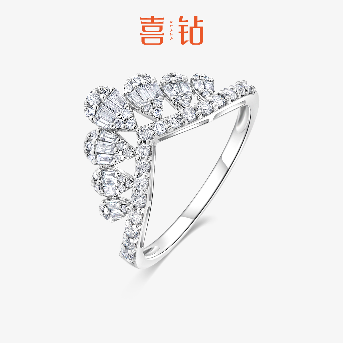 喜钻铂金钻戒女V型皇冠戒指