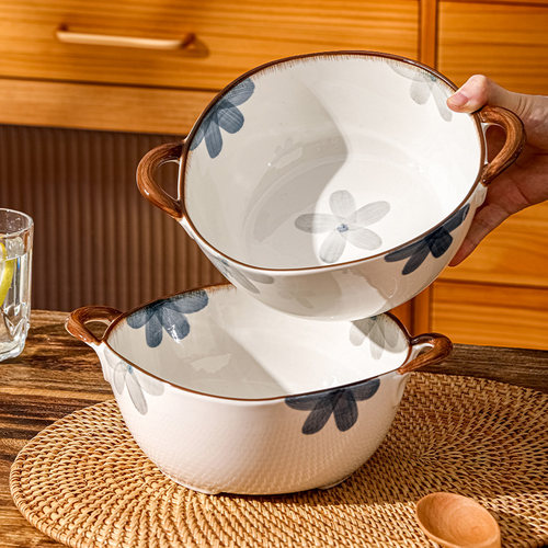 墨蓝釉下彩汤碗陶瓷双耳泡面碗