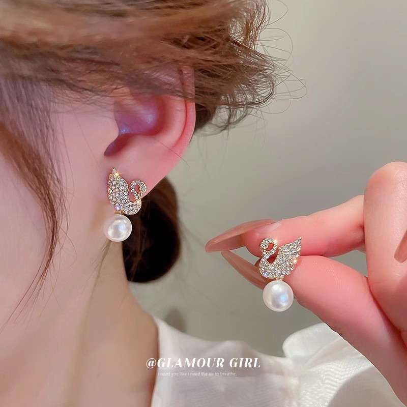 S925银针韩版镶钻天鹅珍珠耳耳钉