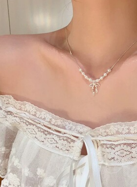 法式蝴蝶结配裙子珍珠项链海边女夏轻奢高级感小众颈链配饰锁骨链