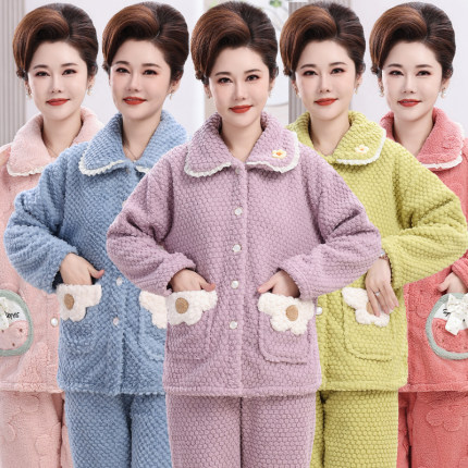 睡衣女冬加厚珊瑚绒妈妈中老年加绒套装秋冬季法兰绒加大码家居服