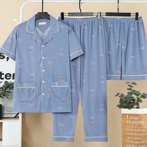 三件套睡衣男士夏季纯棉短袖长裤