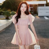 游泳衣女夏2024新款 微胖保守遮肚显瘦纯欲高级感 泳装 爆款 连体裙式