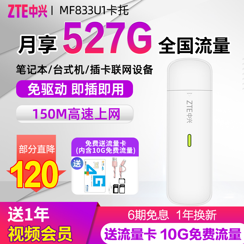 【618专享价】中兴MF833U1电信4G联通3/4G无线上网卡台式机笔记本车载wifi便携式mifMF79u三网4G设备MF832G