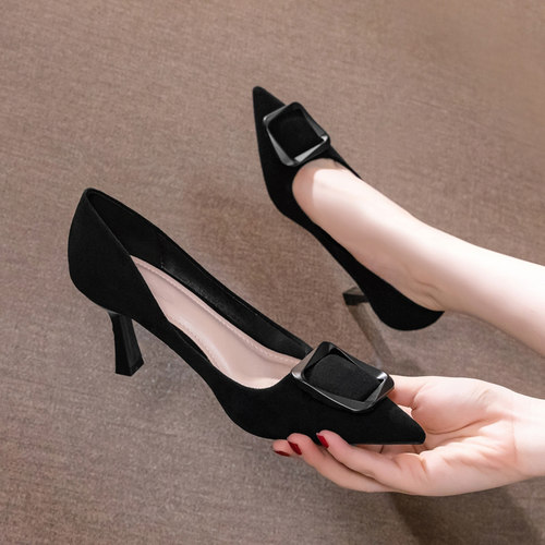 港风轻奢新款~尖头细跟高跟鞋女春秋季黑色真皮中跟浅口职业单鞋