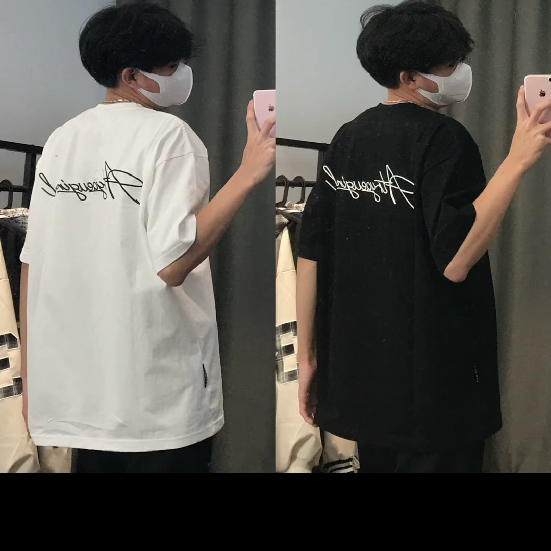 网红男生重磅短袖体恤男美式复古正肩纯棉上衣高街潮牌圆领t恤潮