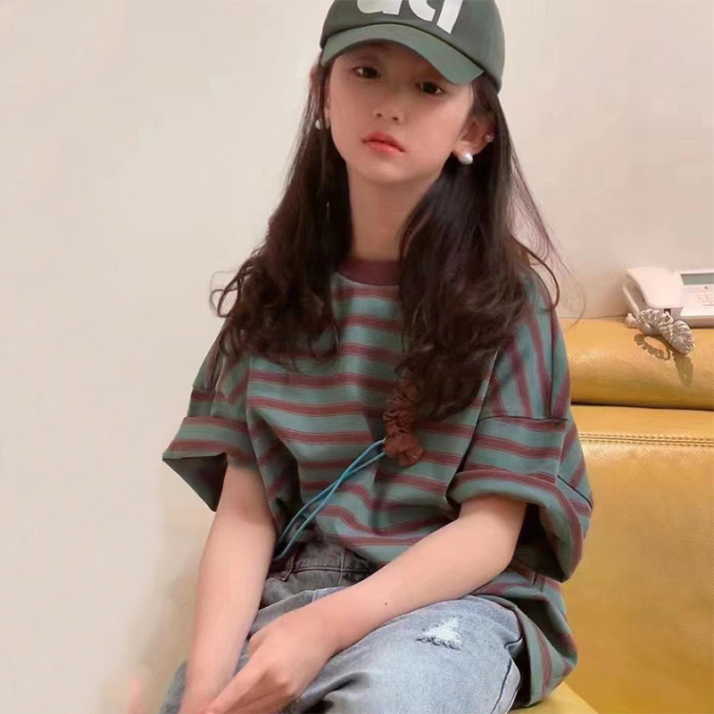 女童短袖夏季条纹T恤2025新款韩版童装大童男童夏装拼色t宽松上衣