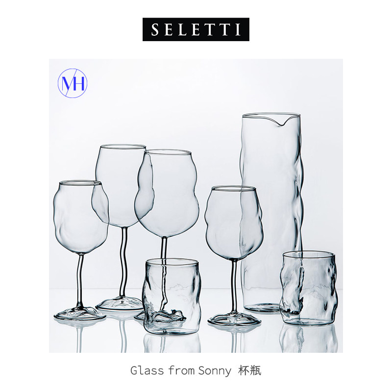 现货清仓seletti透明玻璃个性波纹高脚杯 葡萄酒红酒杯冷饮香槟