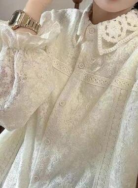 蔷薇之恋】自制泡泡袖领口下摆钩花设计百搭韩系衬衣XW0006