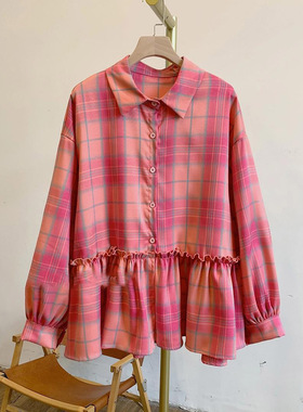 人间水蜜桃C3429格纹撞色下摆拼接翻领衬衫