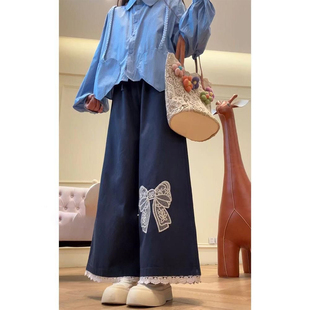 蝴蝶结裤 C3382刺绣蝴蝶结蕾丝边松紧腰系带宽松阔腿裤