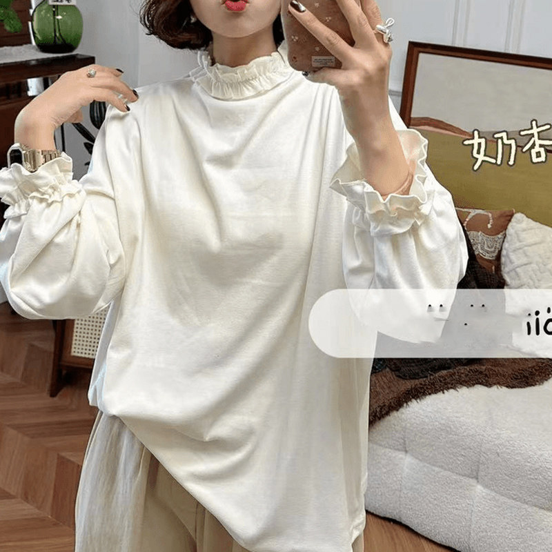 【木耳边打底】自制木耳边领口泡泡袖绒面弹力打底XM9018