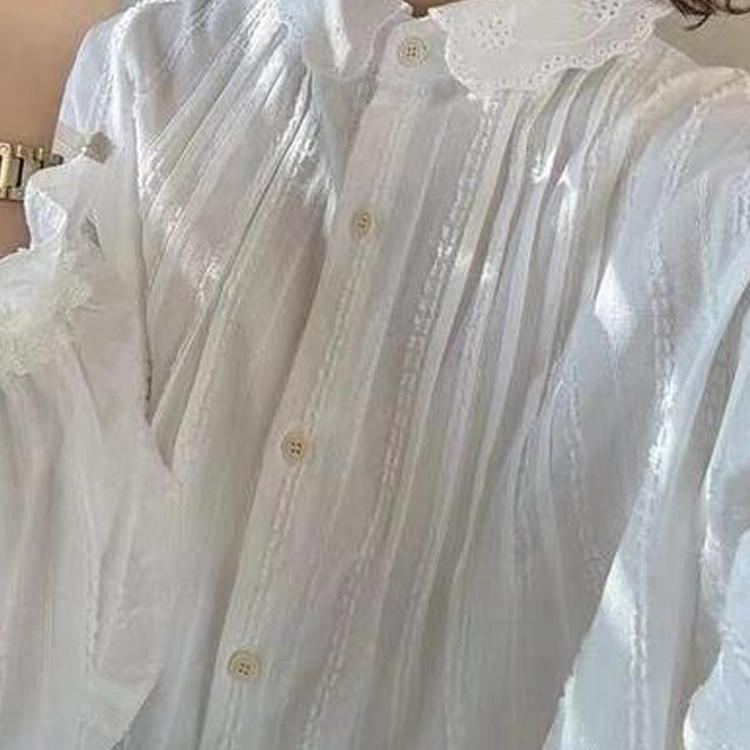 初恋衬衣】自制刺绣小领泡泡袖胸前捏褶韩系百搭衬衣XT85219