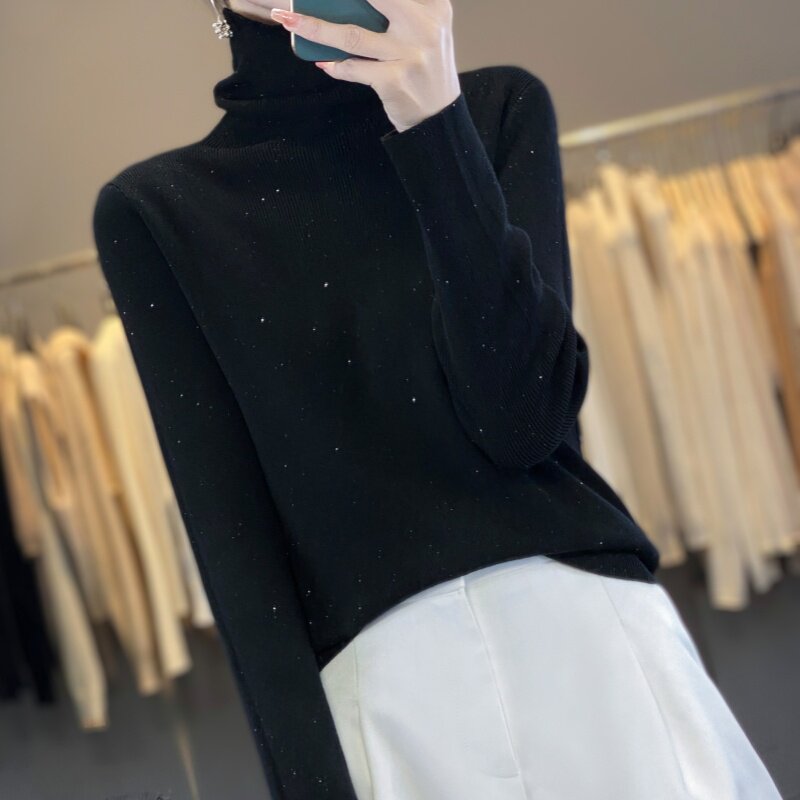 毛衣羊毛衫女秋冬新款修身显瘦自由领珠片套头纱针织衫打底衫