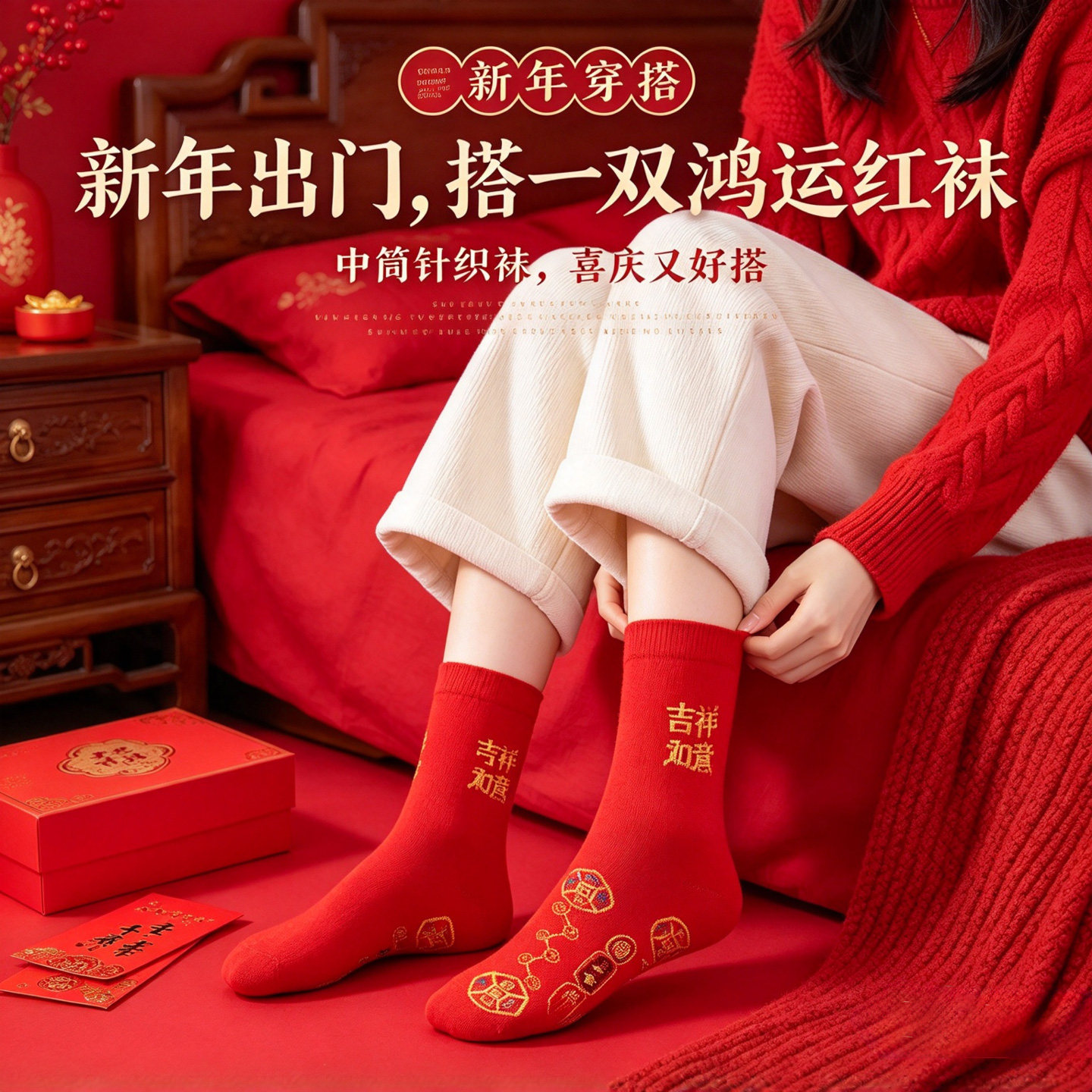 脚踏七星红袜子吉祥棉袜