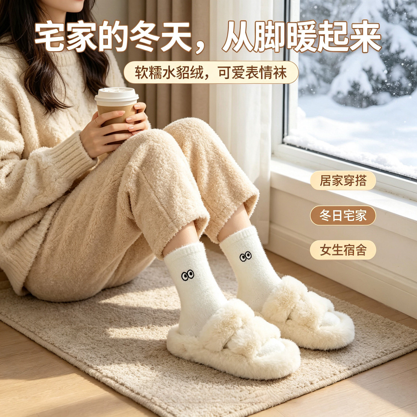 水貂绒袜子秋冬加厚保暖中筒袜