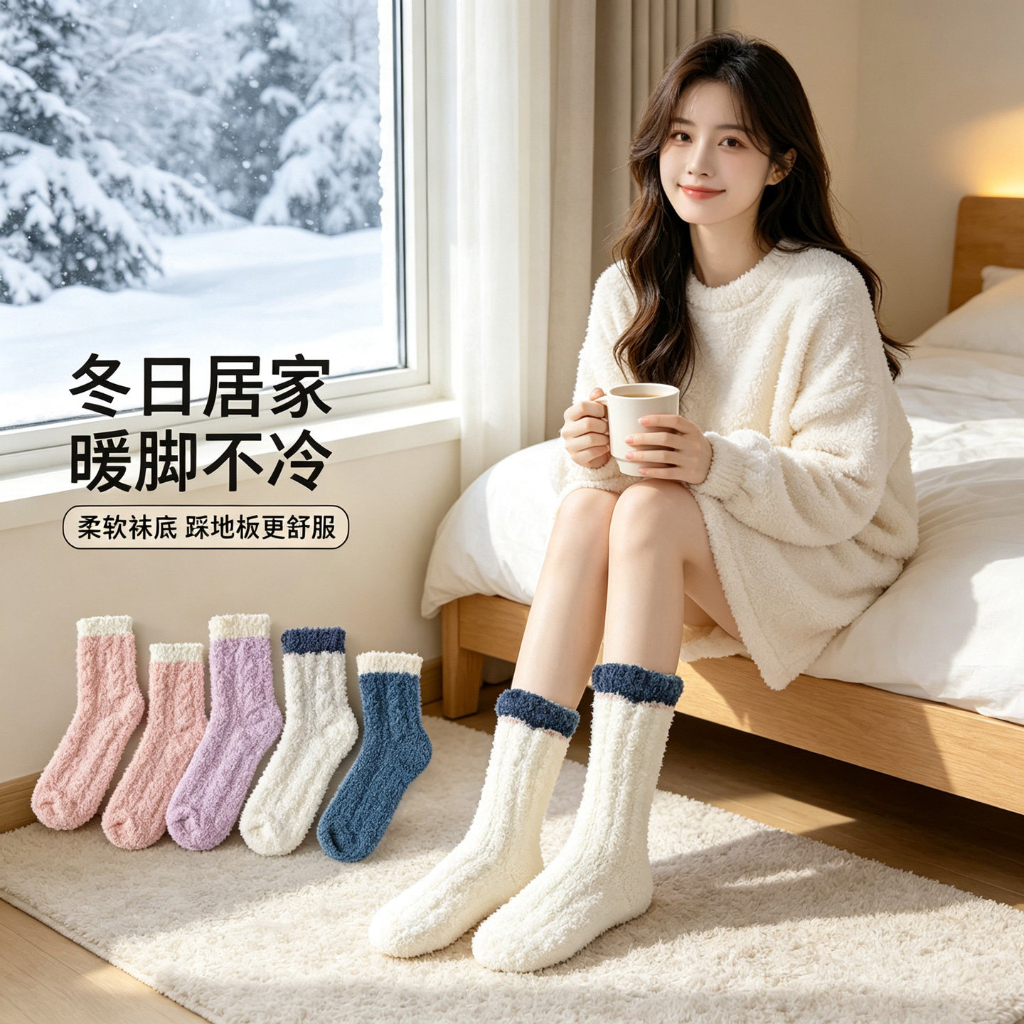 珊瑚绒袜子中筒加厚保暖