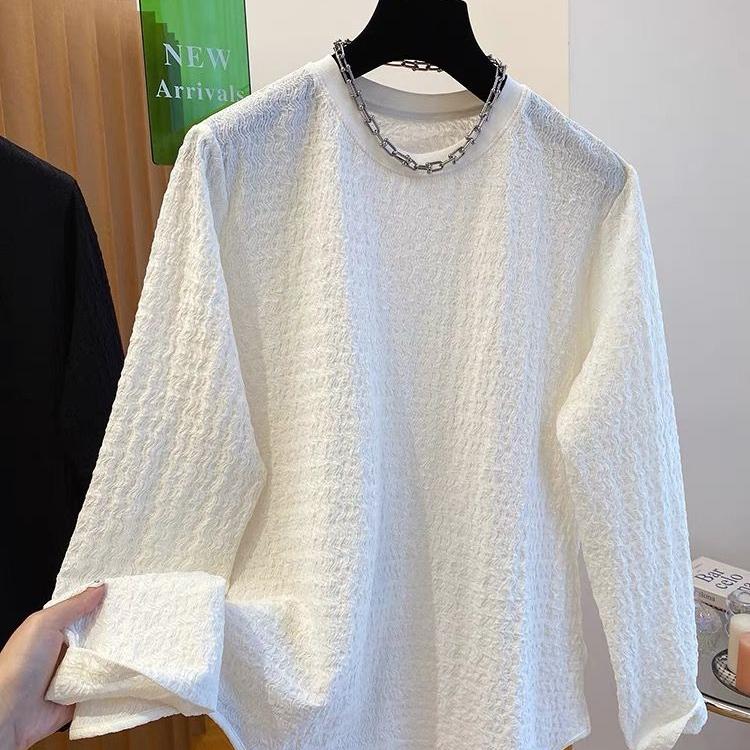 品牌折扣胖妹妹大码300斤女装肌理设计感小众白色长袖t恤宽松打底