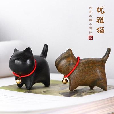 黑檀木雕刻小猫铃铛创意