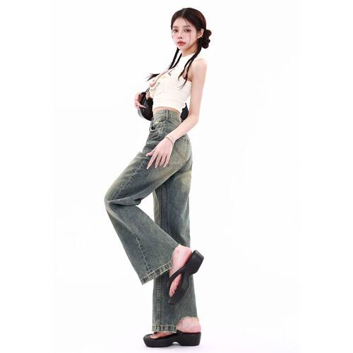 美式复古做旧阔腿牛仔裤女2025秋季新款高腰宽松显瘦垂感直筒裤子