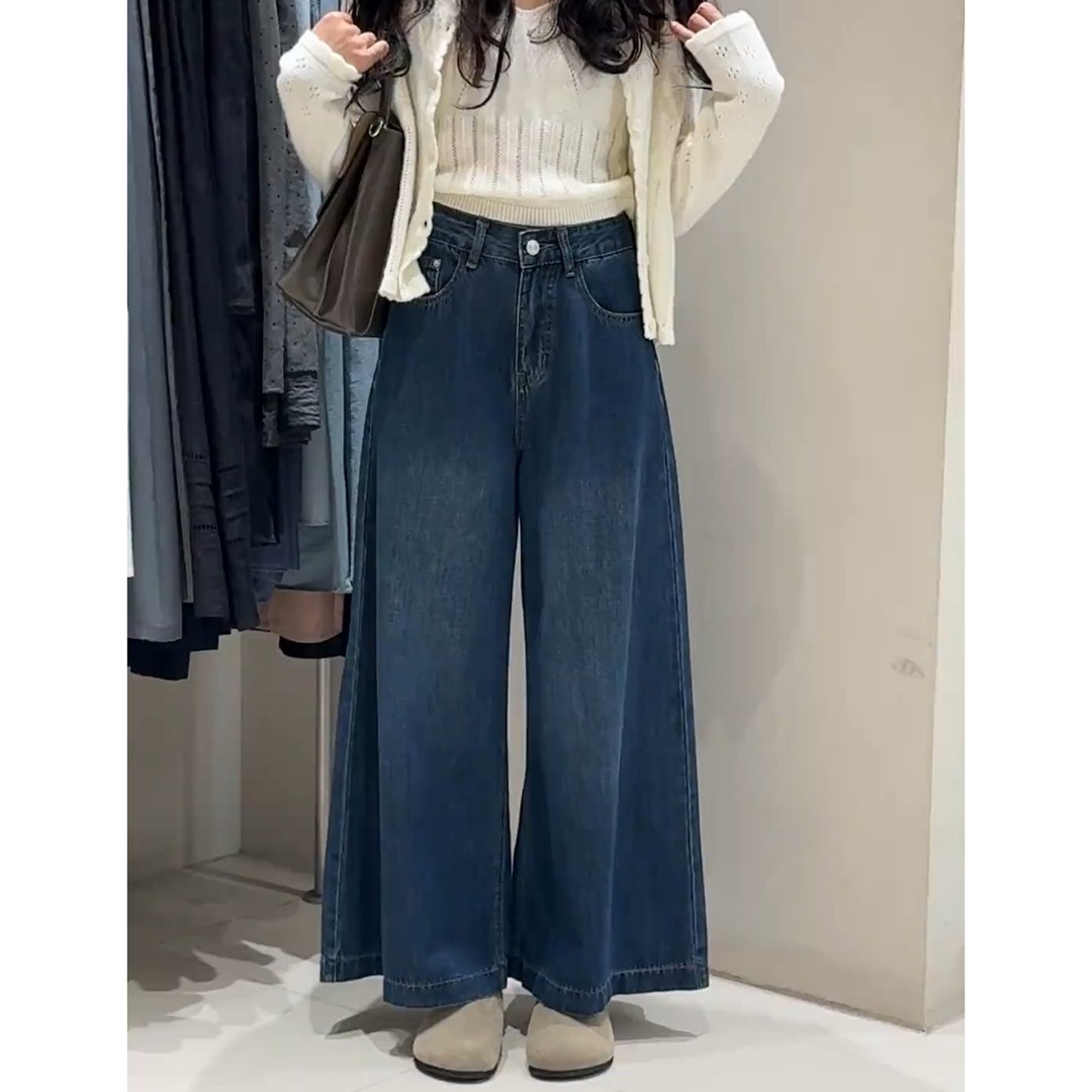 秋冬新款复古蓝高腰阔腿牛仔裤女牛仔裤