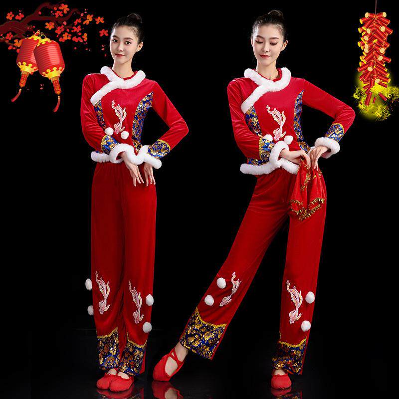 韩式广场喜庆新款民族秧歌服女风套装金丝绒红色舞服打鼓服过年演