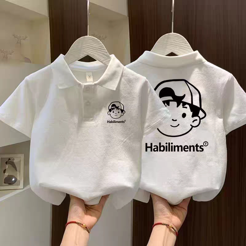 纯棉新款卡通风儿童POLO衫男女童夏季短袖纯棉翻领白色上衣潮款