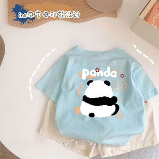 男童女童纯棉短袖T恤天蓝色儿童夏季新款童装卡通小宝宝印花上衣t