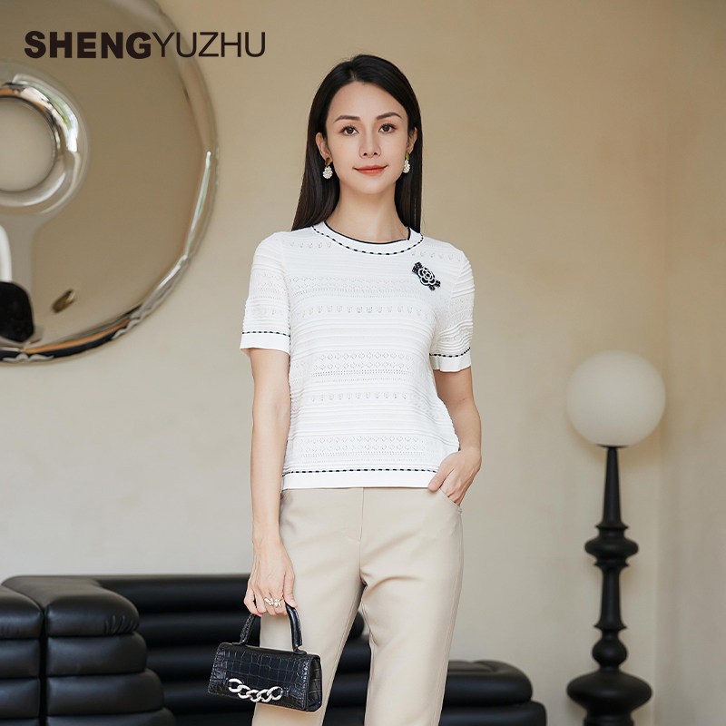 声雨竹针织衫女春季薄款宽松短袖通勤雪白色线衫简约圆领中长款