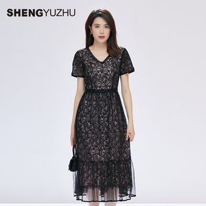 声雨竹官方旗舰店夏季新款女士连衣裙商场同款收腰蕾丝裙子气质