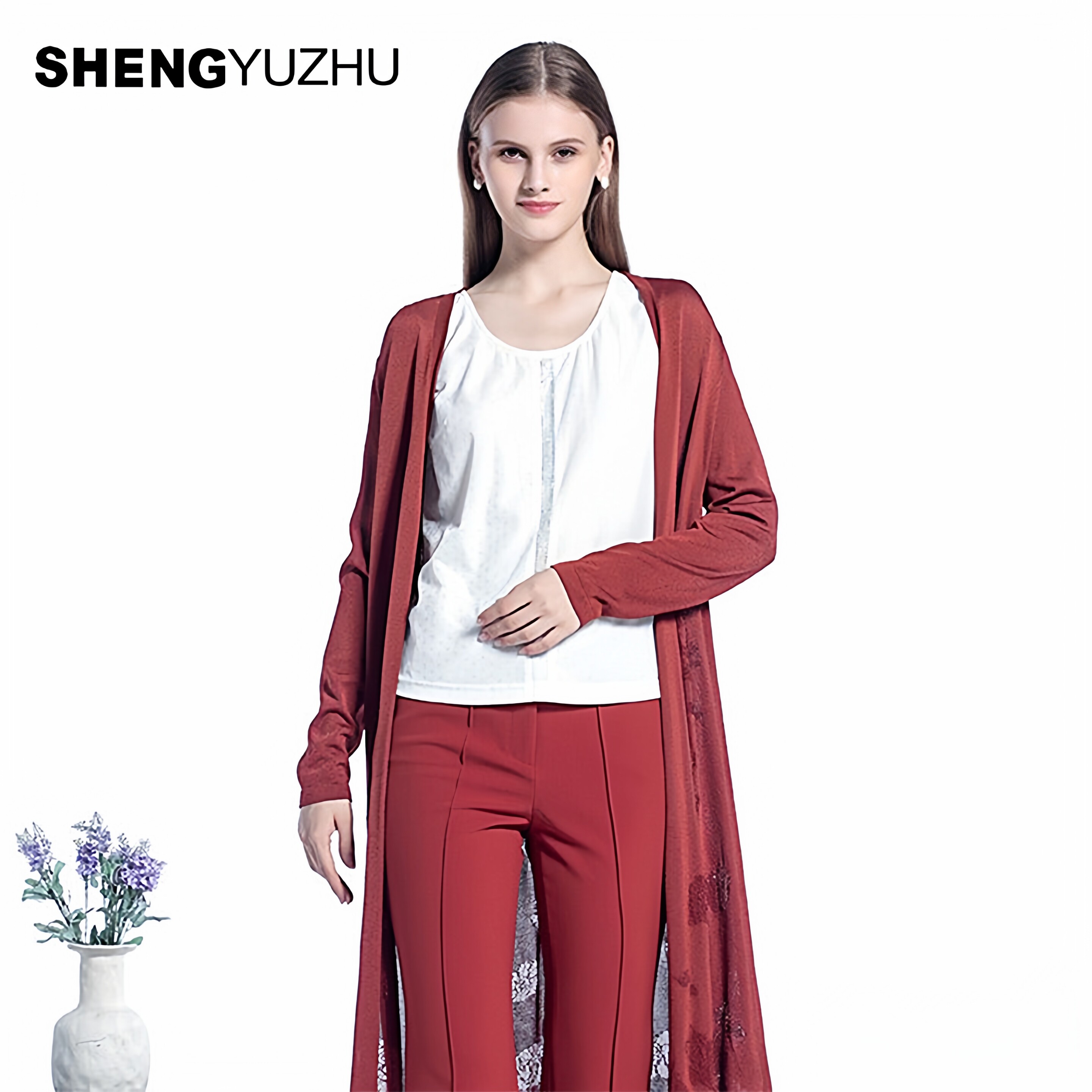 声雨竹专柜同款秋款针织衫女外套 V领纯色中长款外搭镂空薄款宽松