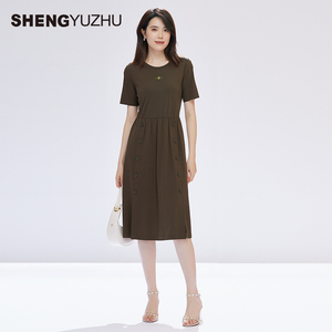 声雨竹官方旗舰店2026夏款女士连衣裙短袖收腰中长气质裙子高级感