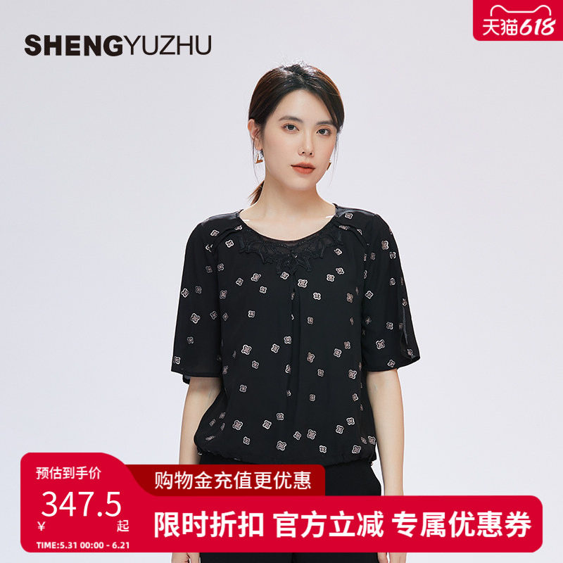 声雨竹官方旗舰店夏季新款女士上衣宽松半袖雪纺黑色波点气质休闲