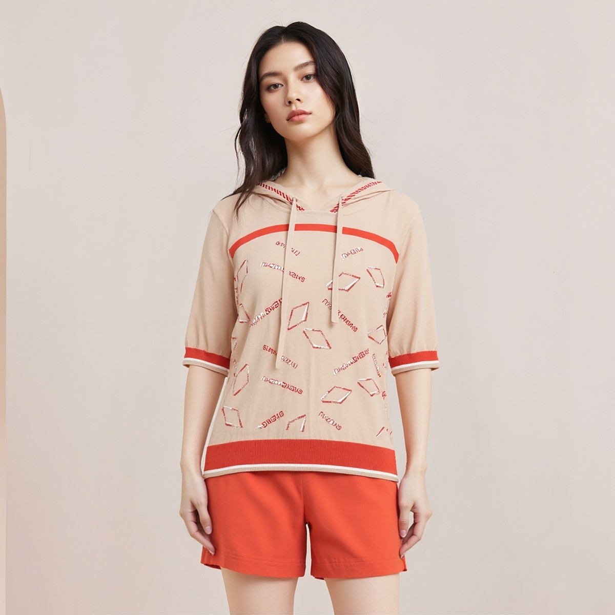 声雨竹2024夏季薄款连帽针织衫女中袖字母印花宽松外搭空调衫